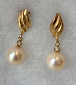 Stunning 14K Yellow Gold Diamond Pearl Drop Earrings, Beautiful Vintage Gifts - Picture 1 of 7