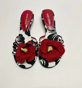 RAMON TENZA White Black Red Suede Floral 🌺 Heel Thong Sandal Size 8 - Picture 1 of 8