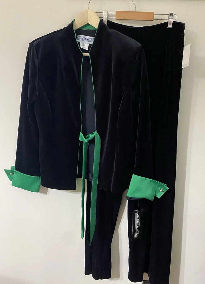 Jessica Howard Negro Terciopelo Verde Satén Chaqueta Pantalón Traje Nuevo con Etiquetas  Foto 1 de 4