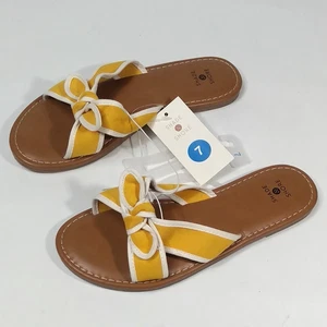 Shade & Shore Slip On Sandals Yellow White Bow Womens Size 7 Flat Slides NWT - Picture 1 of 12