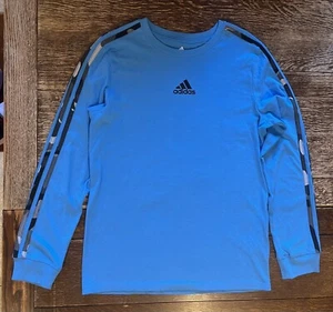 Boys Adidas Blue Long Sleeve Tee w/ Sleeve Accent Stripe | Large - Picture 1 of 4