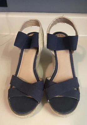 MERONA Women's Slip-On Stretch Strappy Slingback Wedge Heels Blue Shoes 8.5 - Image 1 of 4