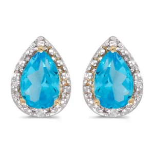 10k Yellow Gold Pear Blue Topaz And Diamond Earrings - Picture 1 of 2