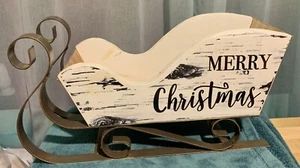 BEAUTIFUL CHRISTMAS SLEIGH! WHITE RUSTIC “LOOK” WOOD w/ METAL RUNNERS - Picture 1 of 5