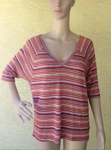 DECREE Womens Size Large Sheer Short Sleeve Striped V Neck Knit Top Shirt - Picture 1 of 4