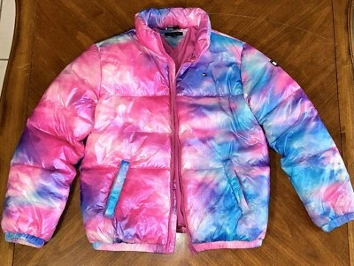 Tommy Hilfiger Niñas Talla XL/16 Estampado Puffer Chaqueta Rosa y Azul Foto 1 de 4