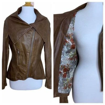 JOU JOU Brown Faux Leather Moto Jacket - Medium - Image 1 of 4