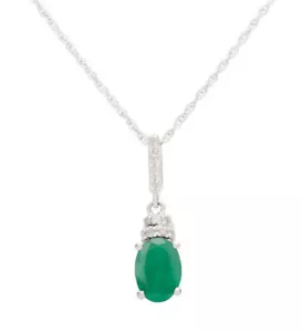 10k White Gold Genuine Oval 1.10ct Emerald and Diamond Necklace - Picture 1 of 5