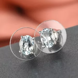 Natural Aquamarine Stud Earring in Platinum Plated Sterling Silver For Women - Picture 1 of 3