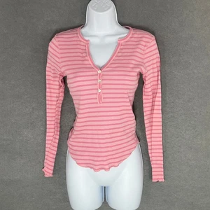 J.Crew Top Womens Sz M Henley Pink Striped Long Sleeve Ribbed Y2K Inspired - Picture 1 of 10