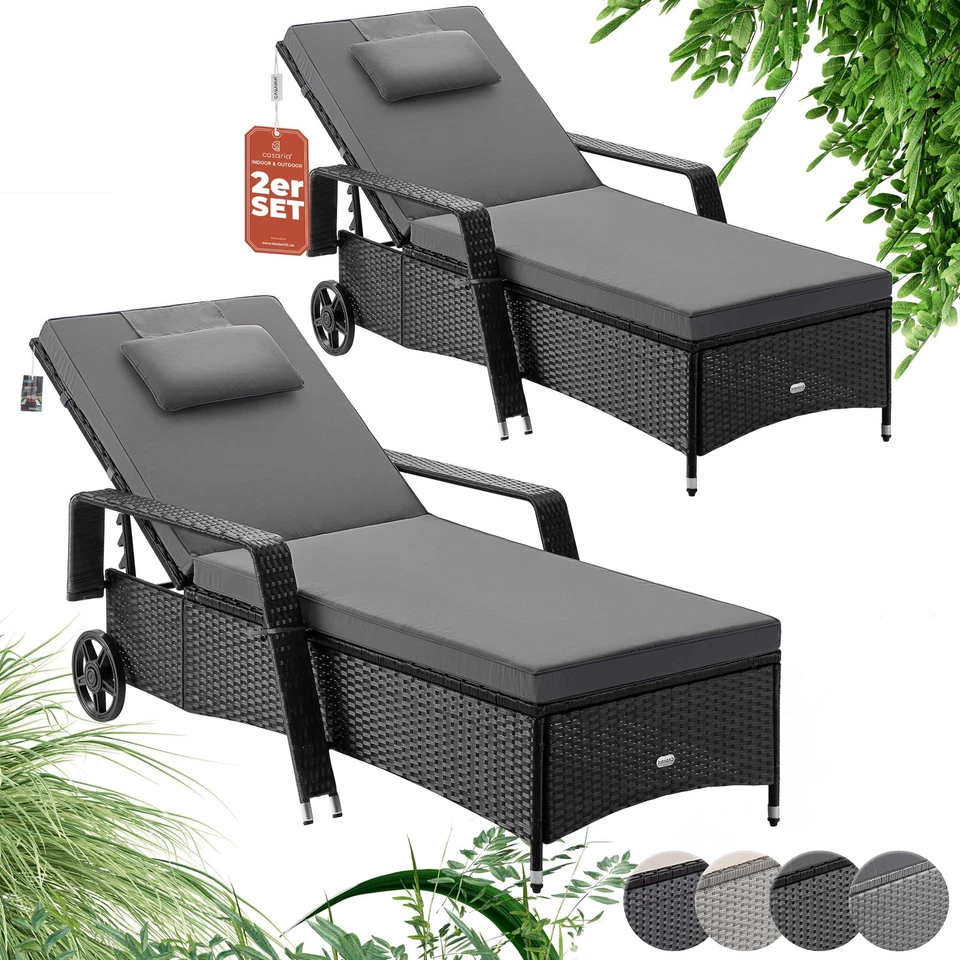 CASARIA® 2x Sonnenliege Gartenliege mit Rollen Polyrattan Wetterfest Relaxliege