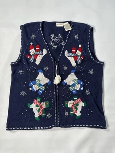 Chaleco Suéter Navidad Bobbie Brooks Vintage XL Azul Marino Cremallera Tejido Muñecos de Nieve Feo Tacky - Imagen 1 de 11