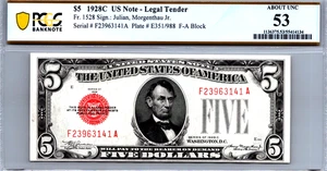 $5 1928-C Legal Tender "RED SEAL" PCGS 53 ABOUT UNC Fr. 1528 - Picture 1 of 3