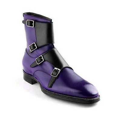 Handmade Men's Monk strap Ankle High Leather Boot Purple and Black Boots 7-17 UK - Image 1 of 3