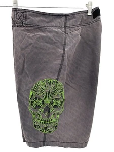 Old Navy Sugar Skull Gray & Lime Green Embroidered Board Shorts Mens Size Small - Picture 1 of 9