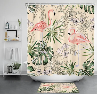 Tropical Palm Leaf Pink Flamingo Beige Shower Curtain Bathroom Accessories Set - Image 1 of 4