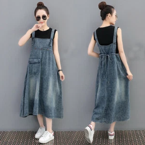 Womens Denim Overall Dress Ladies Jean Suspender Skirt Long A-line Fit Fashion - Picture 1 of 11