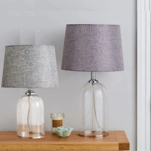Lenny Clear Glass & Chrome Table Lamp with Faux Linen Grey Drum Shade - Picture 1 of 6