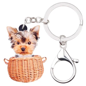 Acrylic Basket Yorkshire Terrier Dog Keychains Car Purse Key Ring Pet Bag Charms - Picture 1 of 10