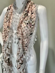 Lacy Scarf Womens Pink White Delicate Floral Design Feminine Girly Ruffle Tassel - Picture 1 of 7