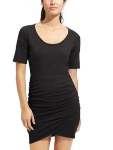 Athleta Seeker Tee Dress MEDIUM Black Short Sleeve Ruched Tulip Hem Skirt Scoop - Picture 1 of 13