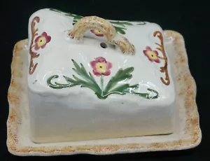 OLD HAND PAINTED, SPONGEWARE POTTERY CHEESE DISH & COVER, STAFFORDSHIRE? - Picture 1 of 10