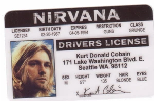 Tarjeta de identificación de licencia de conducir Kurt Cobain de NIRVANA Seattle Washington WA Teen Spirit - Imagen 1 de 1
