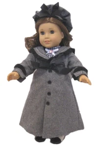 Doll Clothes 18" Victorian Coat Hat Wool Grey Dress Plaid Navy White Fit AG Doll - Picture 1 of 4