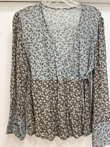 Vintage J. Jill blau braun Blumen Langarm transparent Bluse Wickel Top Damen M - Bild 1 von 8