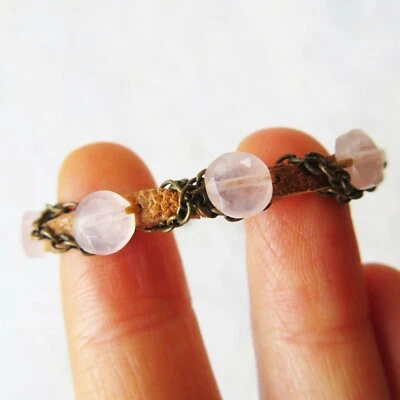 Genuine Leather Women's Wrap Bracelet Pink Quartz Stones Metal Chain - Image 1 of 4