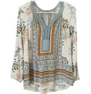 My Michelle Boho Blouse Womens M Blue Tan Floral Flowy Lace V Neck Southwest - Imagen 1 de 7