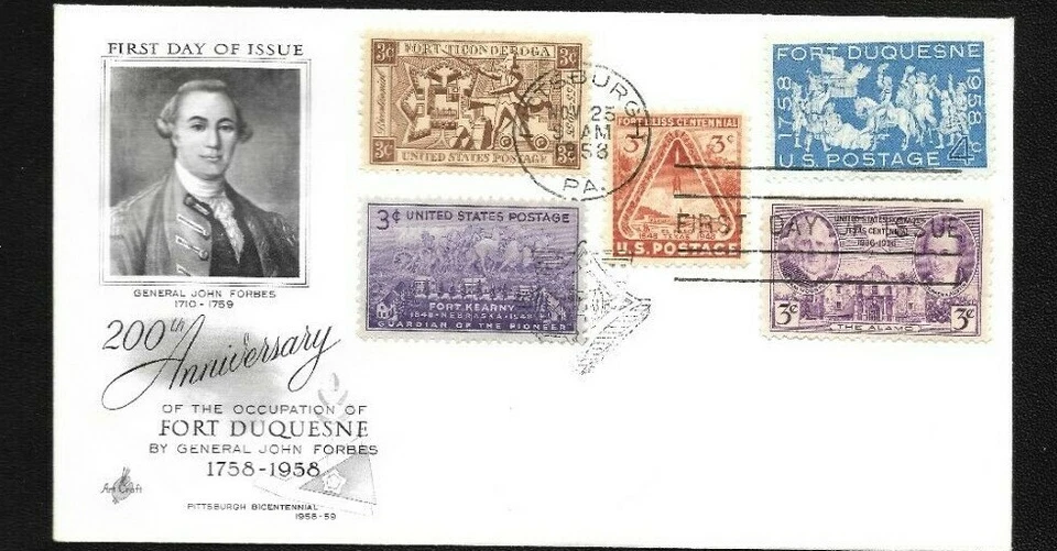 US FDC 1958 Fort Duquesne Combo Cover with 5 Stamps Scott 1123 by Artcraft | - Image 1 of 1