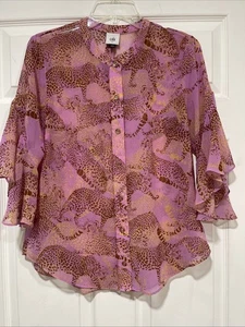 Cabi transparente Bluse Animalprint Rüschenärmel Rundhals rosa Gr. Small Knopf U - Bild 1 von 7