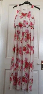 White Pink Red Rose Pattern Maxi Dress Size L - Picture 1 of 8
