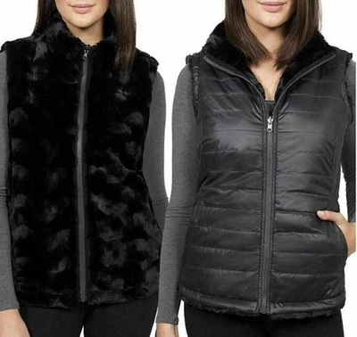 Nicole Miller Mujer XXL Reversible Acolchado Imitación Piel Chaleco Puffer NEGRO CREMALLERA Foto 1 de 4