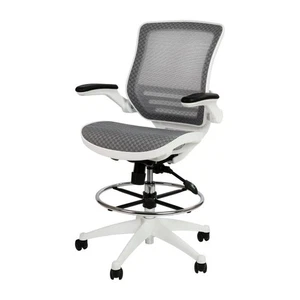 Mid-Back Gray Mesh Drafting Chair with Built-In Lumbar Support & Flip Up Arms - Picture 1 of 12