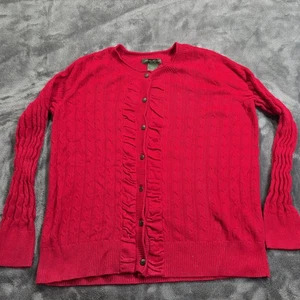 Eddie Bauer Cardigan Sweater Womens XL Red Cable Knit Ruffle Button Front Soft - Picture 1 of 8