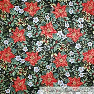 BonEful Fabric Cotton Quilt Black Red Gold Metallic Poinsettia Flower Xmas SCRAP - Picture 1 of 13
