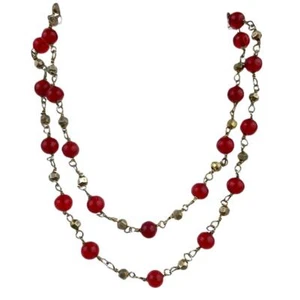 Dark Red Glass Round Bead Bronze Metal Necklace 22" Jewelry  - Picture 1 of 10