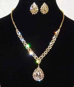 2 Colors Necklace and Earrings Set Rhinestone Crystal Wedding Set /  17286 - Picture 1 of 15