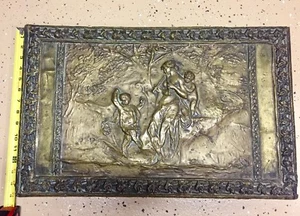 RARE BRONZE PLAQUE - dancing cherubs and woman playing music in forest - Picture 1 of 12