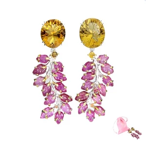 925 Sterling Silver Earrings Citrine 25ct Garnet Ruby Gemstone Jewelry Handmade - Picture 1 of 14