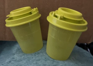 Tupperware Mini Salt&Pepper Shakers Midgets Flip Top Seal 2oz Green /Yellow/NEW - Picture 1 of 3