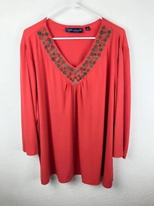 Susan Graver Top 3X Burnt Orange Adorned V Neck Beaded 3/4 Sleeves Fall A23 - Picture 1 of 6