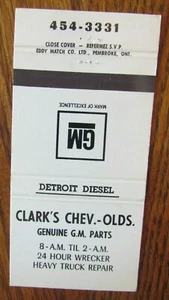 GM CAR DEALER: CLARK'S CHEVY OLDS MATCHBOOK COVER (SUSSEX, NEW BRUNSWICK) -E11 - Picture 1 of 1