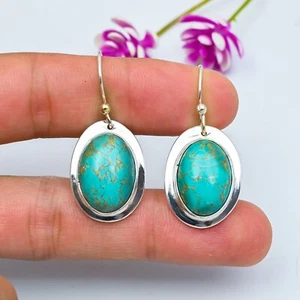 Turquoise Gemstone Earrings 925 Sterling Silver Handmade Jewelry Wadding Gifts - Picture 1 of 5