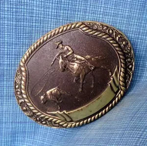 Calf Roping Rodeo Cowboy Belt Buckle Western SL Knight Sculpture Vtg 80s .NOX267 - Picture 1 of 9