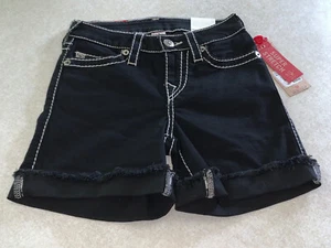 True Religion Women’s Shorts Mid Cut Off Roll Up Short Big T Size 24 Black NWT - Picture 1 of 5