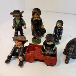 7 Vintage Cast Iron Amish Figures Vintage Wilton Red Wagon Iron Children Adult - Picture 1 of 7