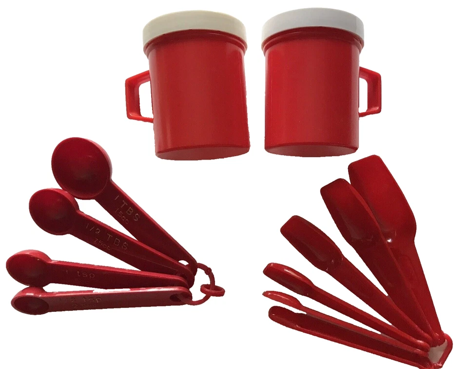 Red Farmhouse Kitchen Tools 2 Shakers and 2 Sets of Measuring Spoons - Image 1 of 4